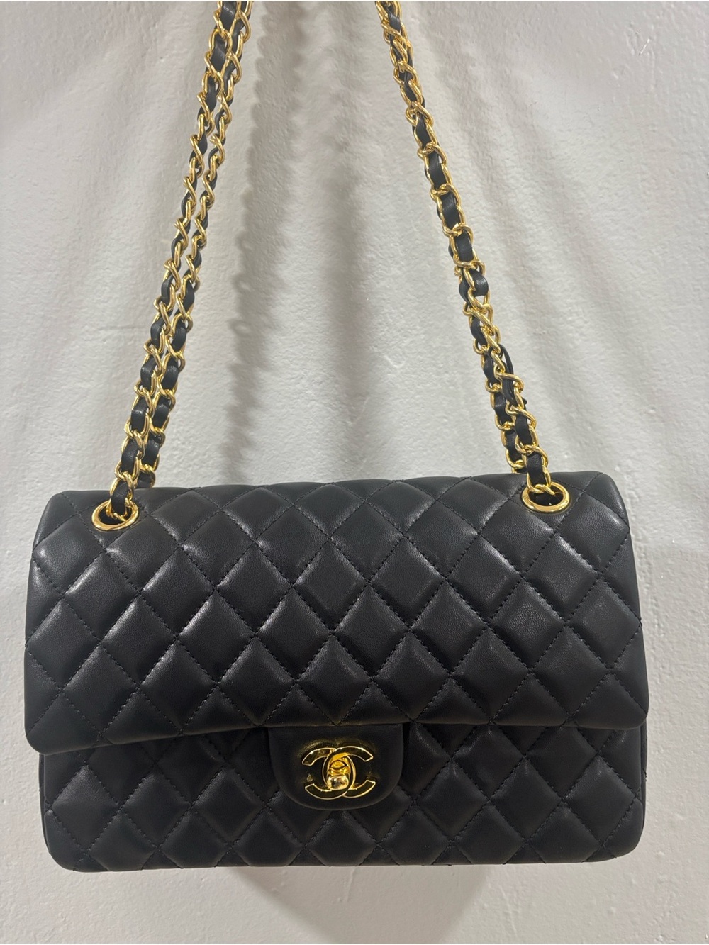 Black Quilted Shoulder Bag with Gold Chain Strap